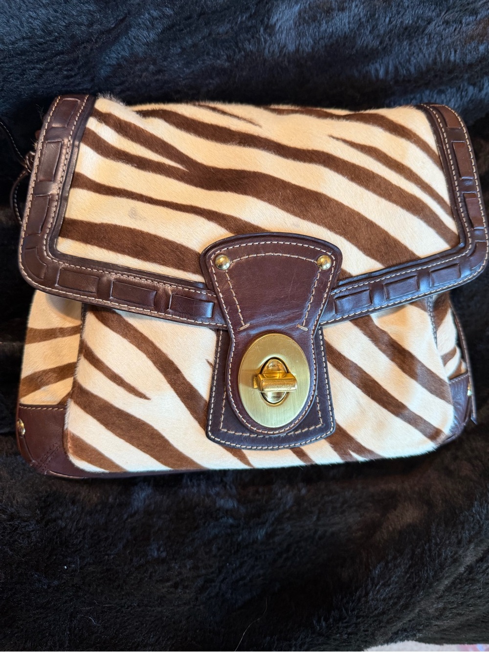 Rare Zebra-Print Leather Accent Crossbody Bag - Brown & Cream